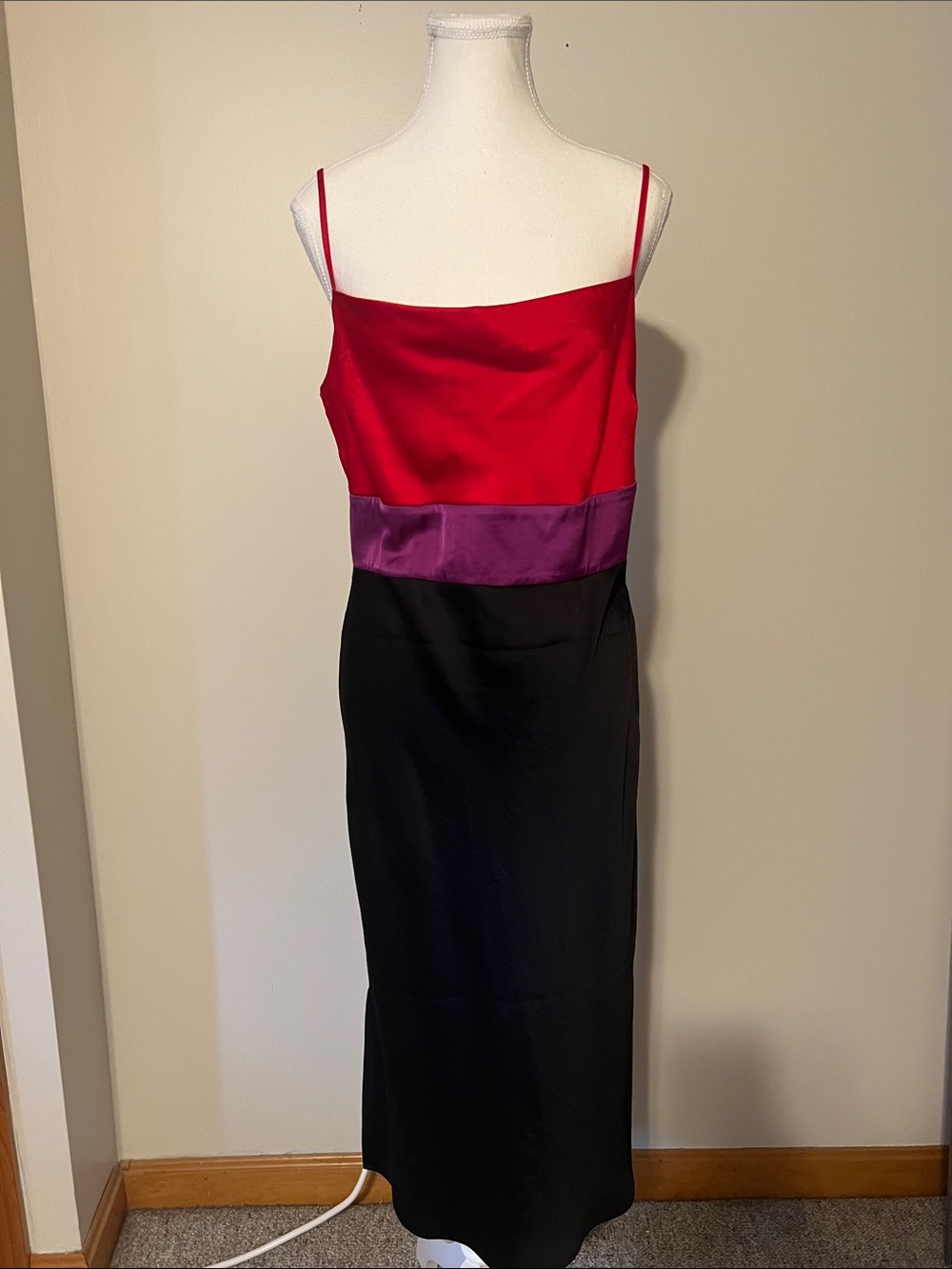 Express Colorblock Satin Slip Dress in Red, Purple & Black